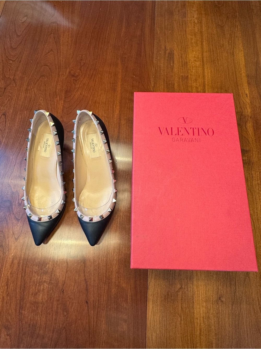 Valentino Rockstud Black Pointed Leather Kitten Heel